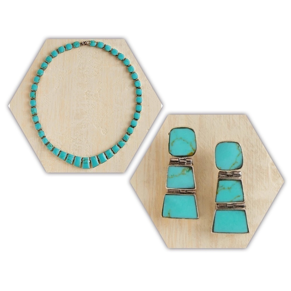 Vintage hand-cut Chilean Turquoise 925 silver earring and necklace set - Picture 10 of 10